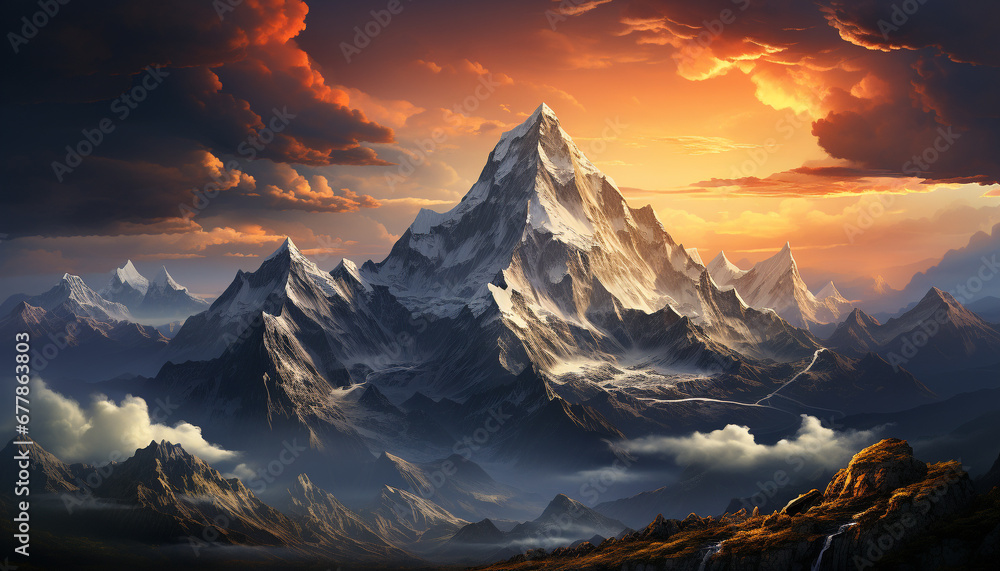 Majestic mountain peak, sunset sky, snow covered landscape, panoramic beauty generated by AI