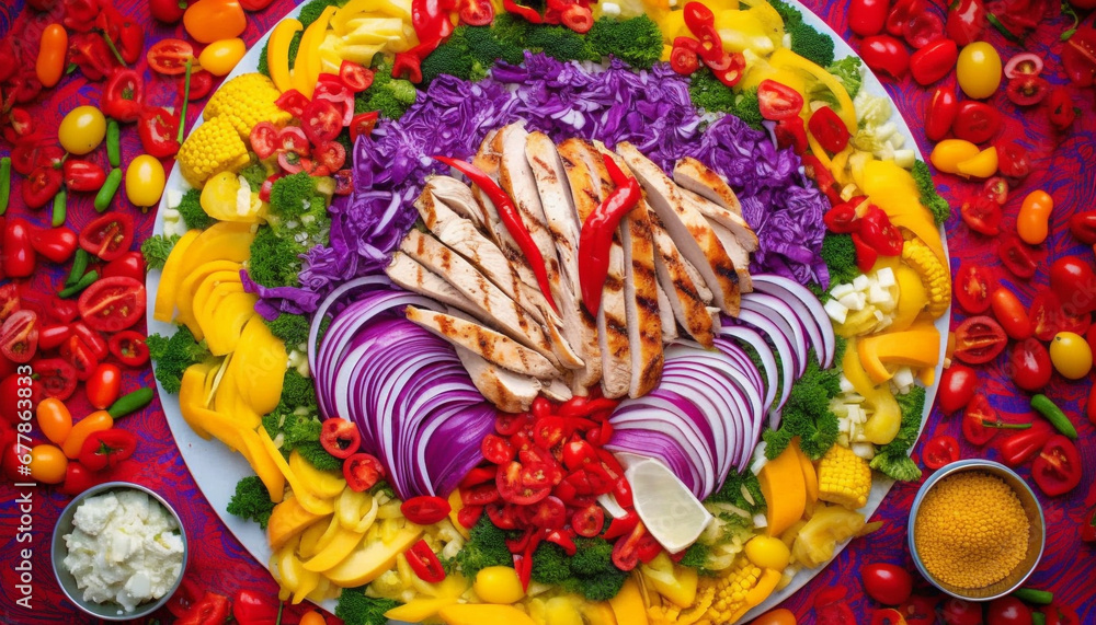 Multi colored taco plate with vegetarian food and guacamole decoration generated by AI