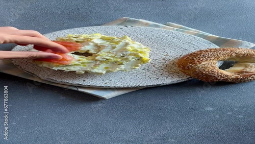 bagel with cream cheese and smoked salmon. Pastry and home cooking concept. 