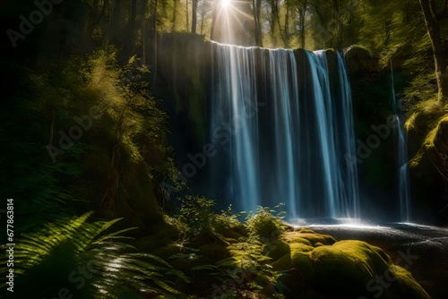 The playful dance of sunlight on the spray of a waterfall in a sun-dappled glade