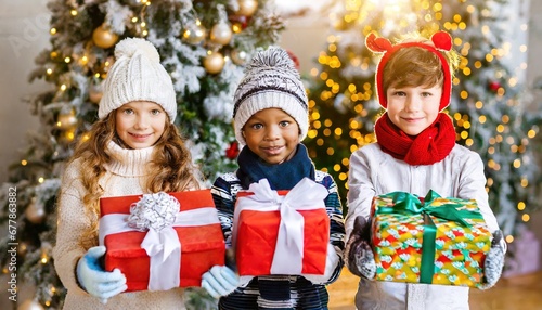 Happy children received gifts for St. Nicholas Day. Christian Holiday celebrated on December. Tradition of giving gifts to children on behalf of Saint Nicholas.