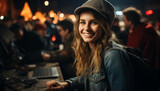 Smiling young adults, women and men, enjoying cheerful night outdoors generated by AI