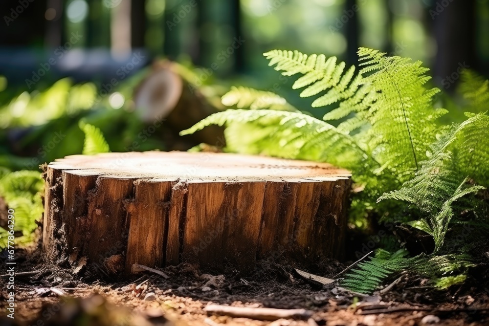 a rotten stump with plants and moss growing. in the background lush tropical forest in the sun. light backdrop a rotten stump with plants and moss growing. in the background lush tropical forest in the sun. light backdrop