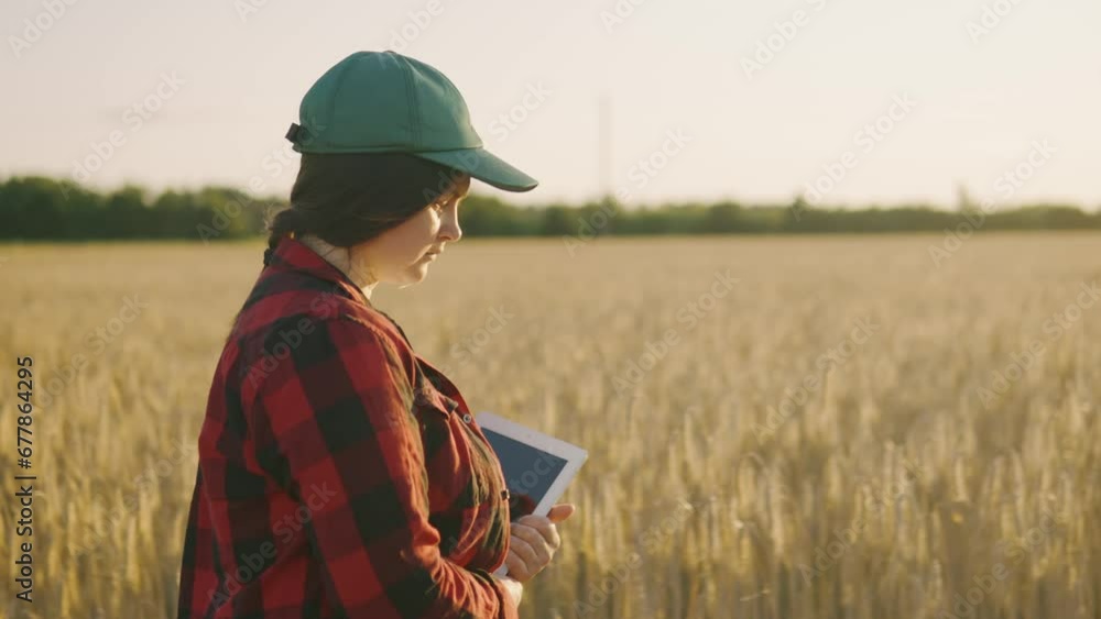 An agronomy worker with a tablet walks through a wheat field An agronomy worker with a tablet walks through a wheat field