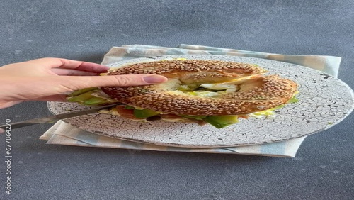 bagel with cream cheese and smoked salmon. Pastry and home cooking concept. 