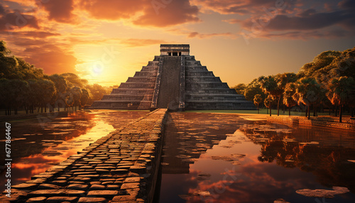 Ancient pyramid stands tall, bathed in sunset generated by AI