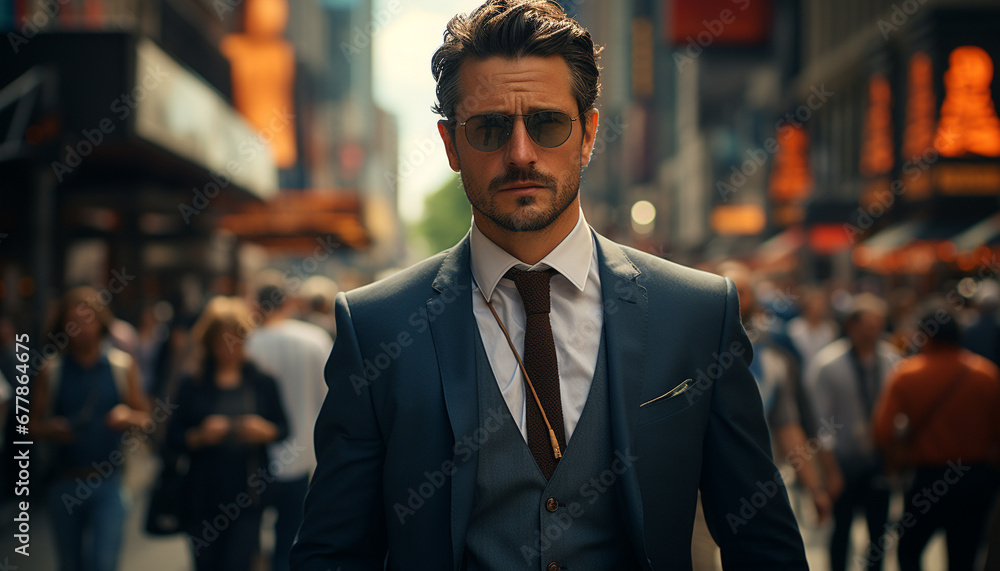 Confident businessman in suit walking in the city generated by AI Confident businessman in suit walking in the city generated by AI