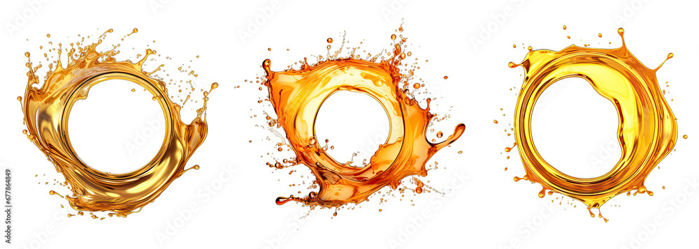 Engine oil splashes in a circular shape, isolated on a transparent  background.oil  Engine splash. - obrazy, fototapety, plakaty 