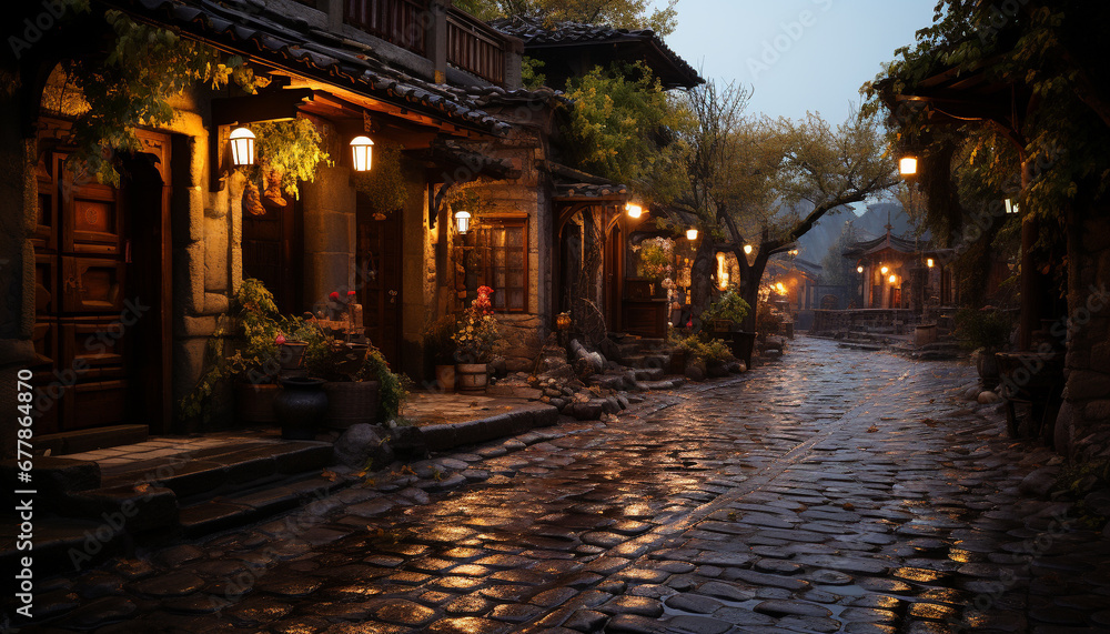 Illuminated lanterns light up ancient city streets at night generated by AI