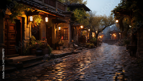 Illuminated lanterns light up ancient city streets at night generated by AI