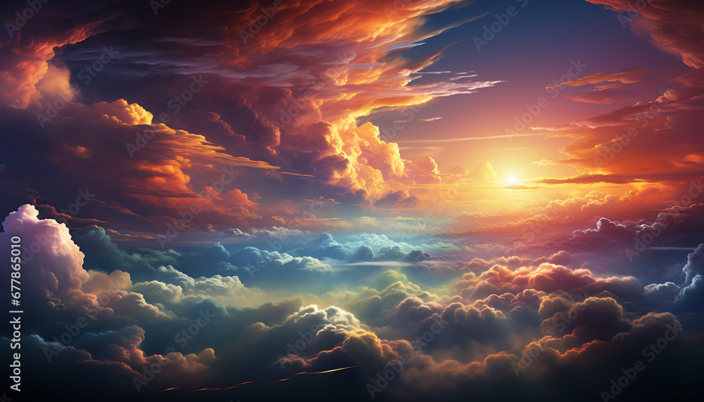 Vibrant sunset sky, nature beauty in a tranquil, moody atmosphere generated by AI