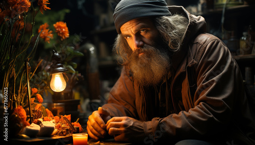 A mature man with a beard sitting indoors, holding a candle generated by AI