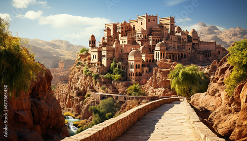 Ancient sandstone monument stands tall in sunset generated by AI