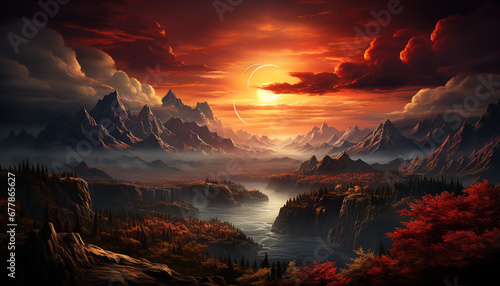 Nature beauty sunset sky  mountain landscape  autumn forest  tranquil meadow generated by AI