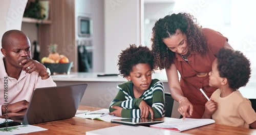 Happy black family, writing and homework in kitchen for learning, education or working together at home. Mother helping children with books, test or study while dad busy remote work at house photo