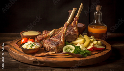 Grilled pork steak on rustic wooden table, ready to eat freshness generated by AI