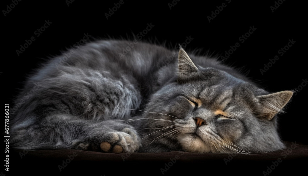 Cute kitten sleeping peacefully, pampered and purebred, eyes closed in relaxation generated by AI
