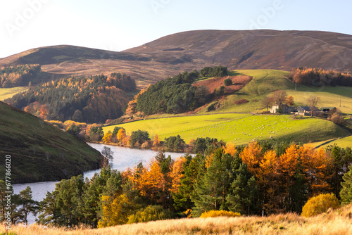 Expansive views of a valley in Scottish Highlands in colourful autumn colours with a lake and a small farm with sheep photo