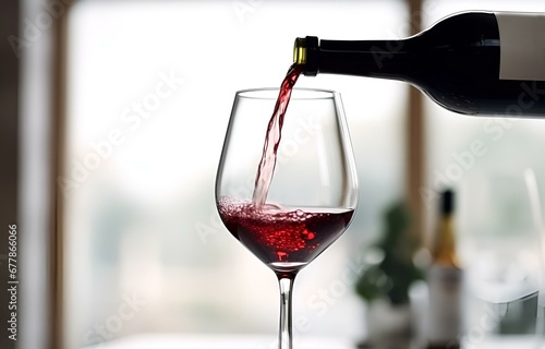 Pouring red wine from bottle into glass on blurred background