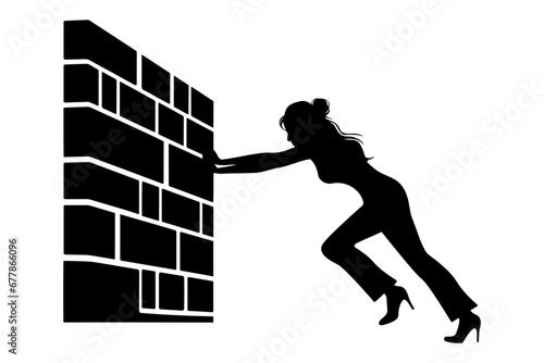 Woman pushing a wall silhouette. Vector illustration