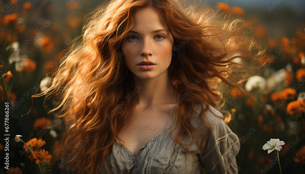 Young woman with long brown hair, smiling outdoors generated by AI Young woman with long brown hair, smiling outdoors generated by AI