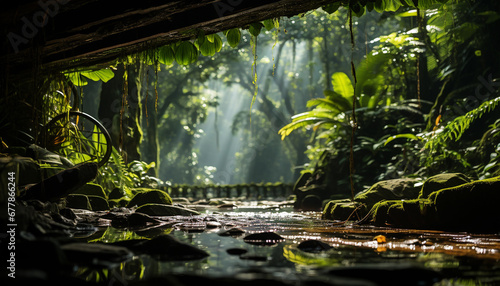 Mysterious tropical rainforest, wet ferns, flowing water generated by AI