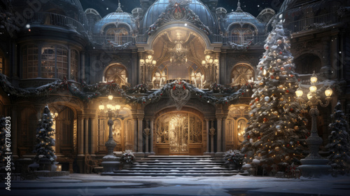 A magnificent Christmas palace  decorated with colored lights  with the feel of a fairy tale world