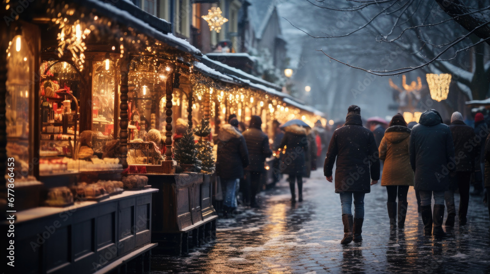 People walk through the Christmas market in the evening. Golden bokeh with space for text People walk through the Christmas market in the evening. Golden bokeh with space for text