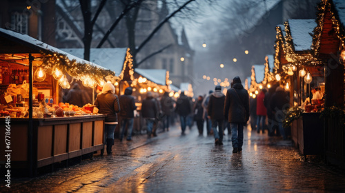 People walk through the Christmas market in the evening. Golden bokeh with space for text © Irina B