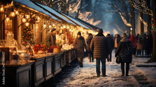 People walk through the Christmas market in the evening. Golden bokeh with space for text