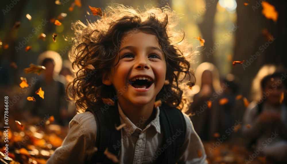 Smiling child enjoys autumn outdoors, playful and cheerful generated by AI Smiling child enjoys autumn outdoors, playful and cheerful generated by AI