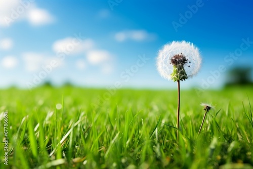 Dandelion in the grass, a single dandelion in a field of green grass, symbolizing resilience