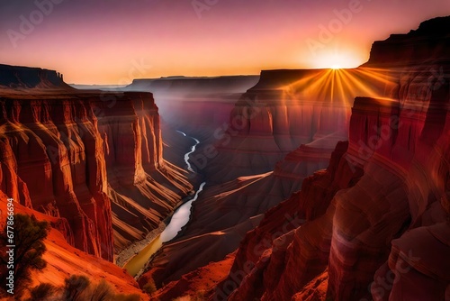 A majestic canyon at dawn, with the first rays of sunlight painting its walls in shades of orange and pink