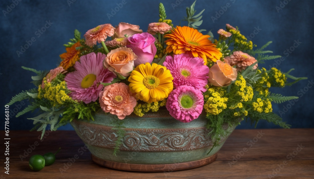 Obraz premium Fresh bouquet of multi colored flowers in rustic wooden vase generated by AI