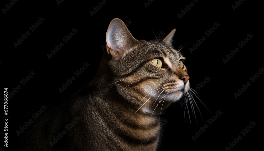 Cute kitten staring at camera with alertness on black background generated by AI