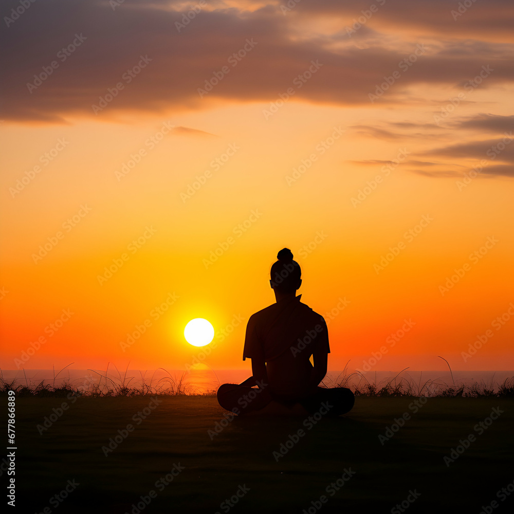 silhouette of a person meditating in the sunset, summer 
