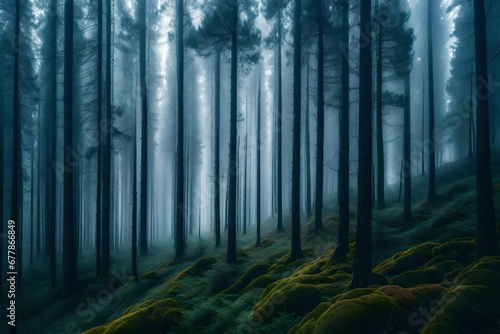 A dense  mist-covered pine forest  with trees standing like silent sentinels in the ethereal haze