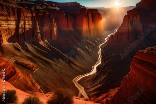 The sheer majesty of a sunlit canyon, its rugged walls adorned with vibrant desert hues