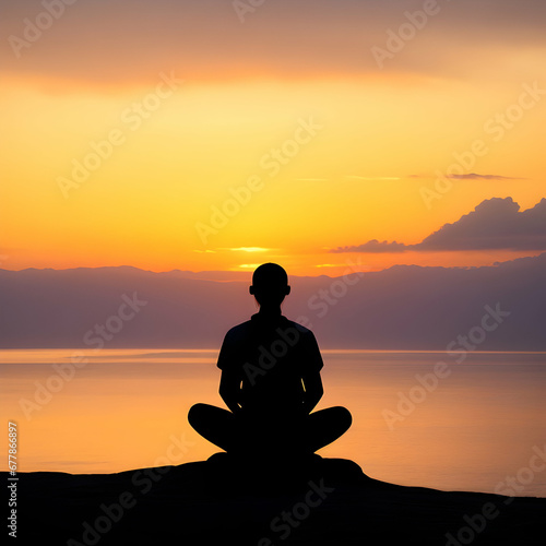 silhouette of a person meditating on the beach, sunset summer 