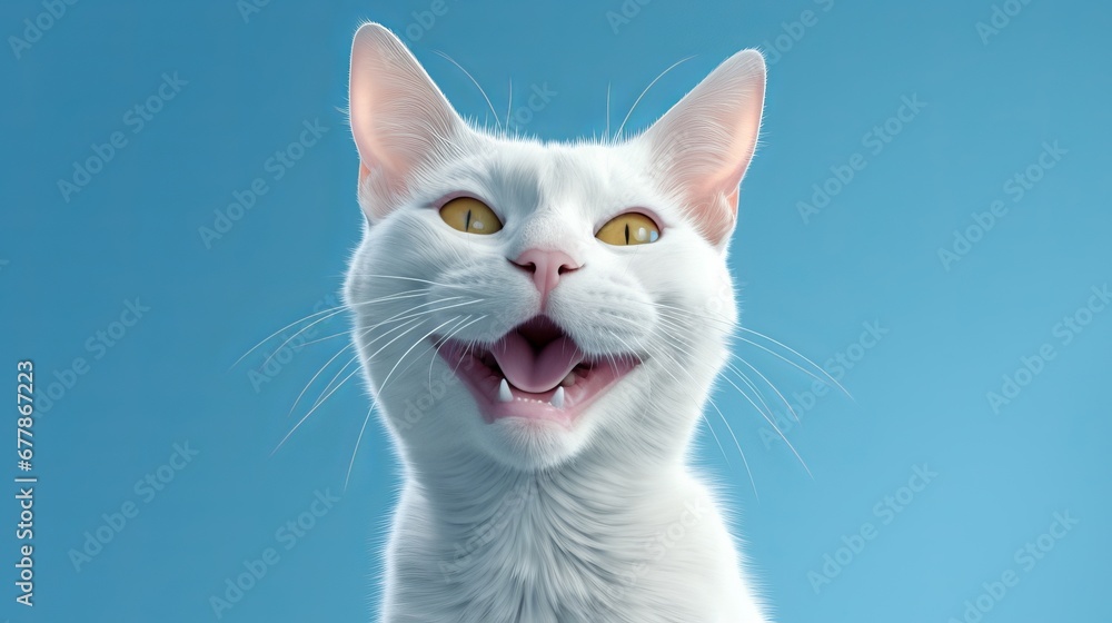portrait of happy white cat with opened mouth on Isolated blue background