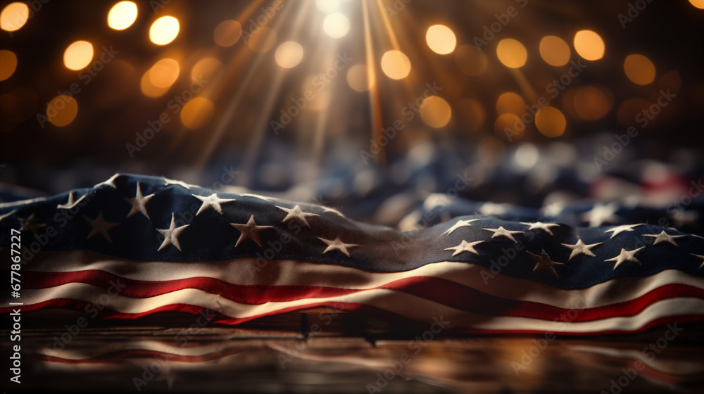 Sfondo con la bandiera americana USA a stelle e strisce, luci e particelle nell'aria - obrazy, fototapety, plakaty 