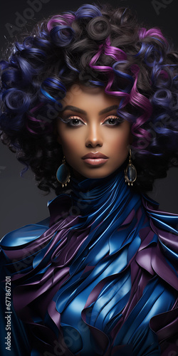 Afroamerikanisches Model Gesicht in super modernen Designer Outfit mit fantastischen Makeup und grandioser Hipp Frisur im Afrolook Hochformat, ai generativ photo