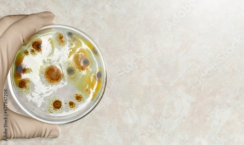 Εκτύπωση καμβά colonies of microorganisms in a Petri dish in hand