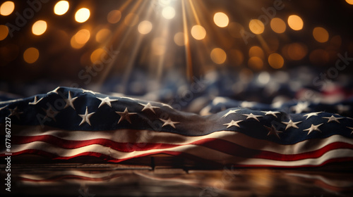 Sfondo con la bandiera americana USA a stelle e strisce, luci e particelle nell'aria photo