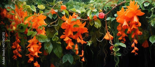 The Pyrostegia Venusta known as the Orange Trumpet Vine adds a vibrant burst of color to the garden with its stunning floral display creating a captivating backdrop against the lush green l photo