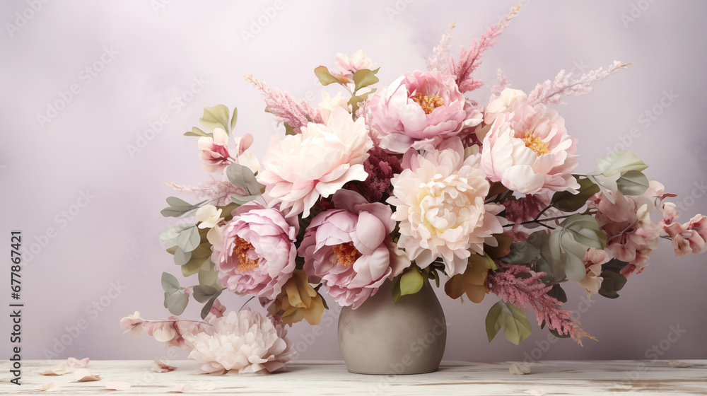 Beautiful bouquet of peonies and different flowers in a beautiful vase. Flower petals. Floral wallpaper. Pattern from natural flowers. Floral card design with vintage effect. Generated AI