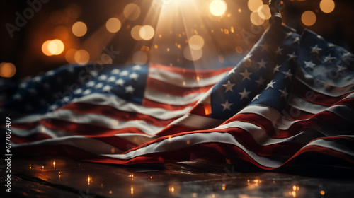 Sfondo con la bandiera americana USA a stelle e strisce, luci e particelle nell'aria