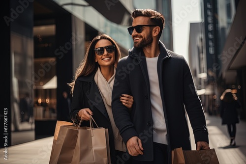 Happy couple enjoying a leisurely stroll in the city