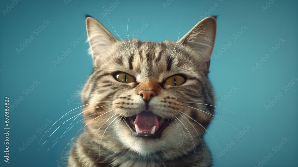 Funny portrait of happy gray kitty with opened mouth on Isolated blue background