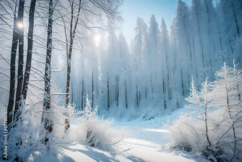 The quiet elegance of a snow-covered forest, with branches laden with fresh powder